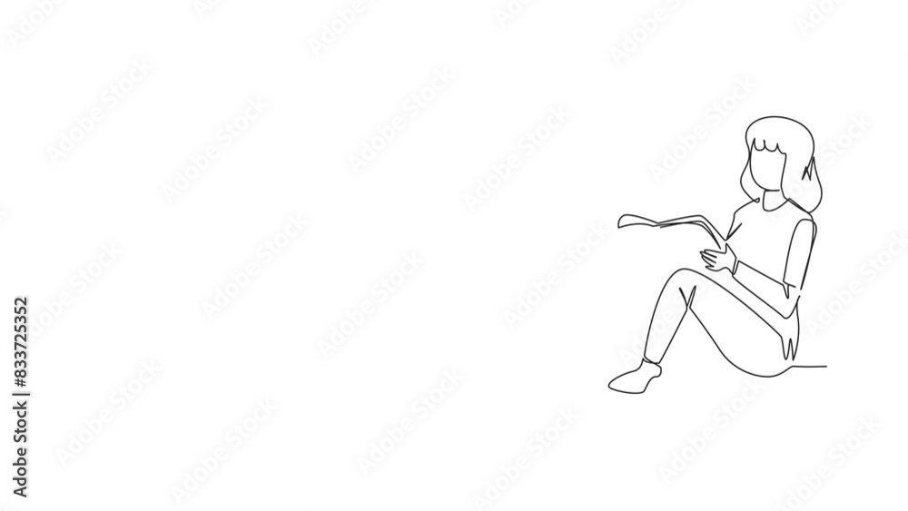 Animation of continuous one line drawing woman sitting while reading a book. Read books alone to focus on studying. The fast learner. Book festival concept. Happy reading. Full length motion Animation of continuous one line drawing woman sitting while reading a book. Read books alone to focus on studying. The fast learner. Book festival concept. Happy reading. Full length motion