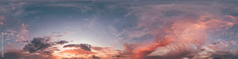 Sunset sky panorama with bright glowing pink Cumulus clouds. HDR 360 seamless spherical panorama. Full zenith or sky dome in 3D, sky replacement for aerial drone panoramas. Climate and weather change.