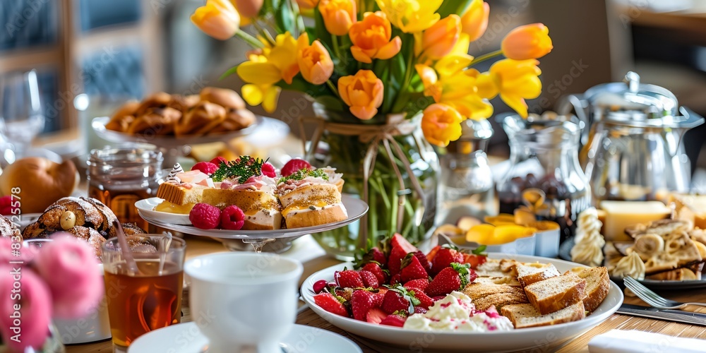 table with a vase of flowers and a plate of food on it with a glass of tea table with a vase of flowers and a plate of food on it with a glass of tea