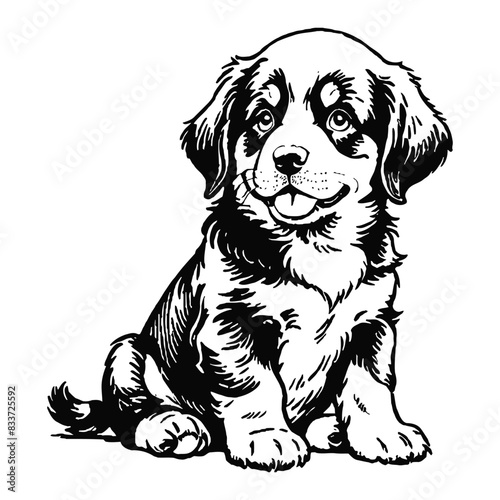 Bernese Mountain Dog Puppy Hand Drawn Engraved Ink Line Art Sketch Illustration
