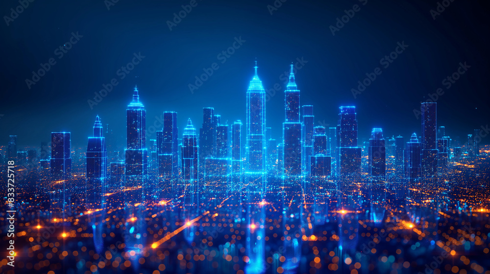 concept of smart or digital city, wire frame Cityscape in futuristic style.