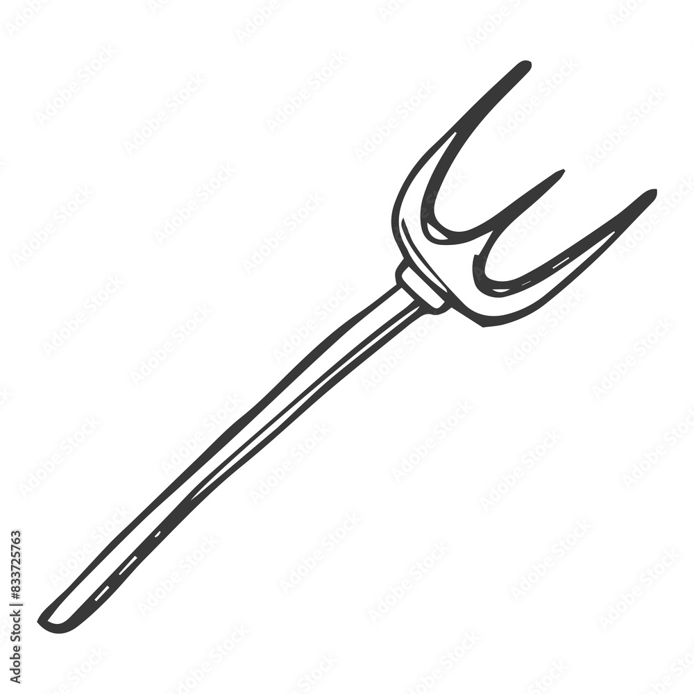 Garden pitchfork in doodle style. Gardening tools. Template for postcard, banner, poster, web design. Hand Drawn vector illustration. Garden pitchfork in doodle style. Gardening tools. Template for postcard, banner, poster, web design. Hand Drawn vector illustration.