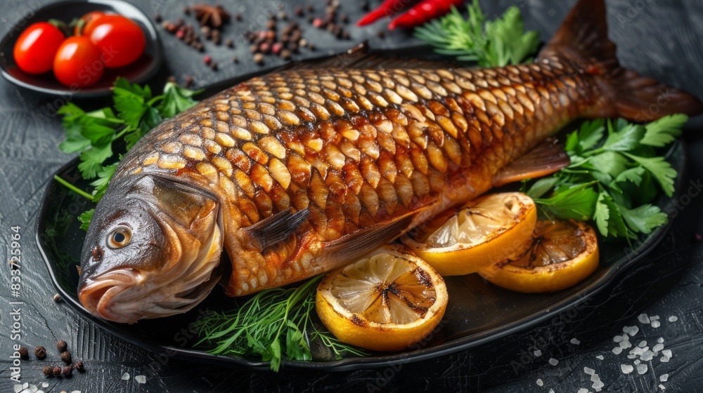 A fish is on a plate with lemon slices and parsley A fish is on a plate with lemon slices and parsley