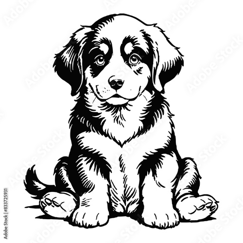 Bernese Mountain Dog Puppy Hand Drawn Engraved Ink Line Art Sketch Illustration