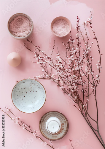 Composition florale avec bols de poudre rose photo