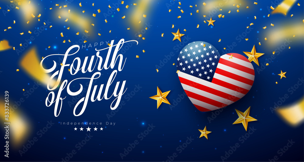 Naklejka premium 4th of July Independence Day of the USA Vector Illustration with American Flag Pattern Heart, Gold Star and Falling Confetti on Blue Background. Fourth of July National Celebration Design with