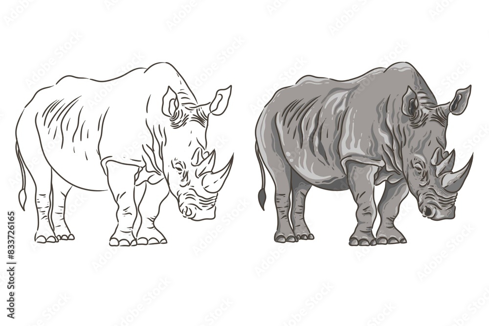 Fototapeta premium Rhino animal illustration coloring page image. rhino illustration. Rhino sketch