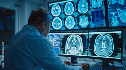 A radiologist examining a CT scan on a computer screen, medical examination
