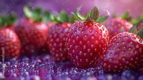 Luxurious Strawberry Pattern on Golden Ratio Composition Against Ultra-Realistic Purple Backdrop with Incredible Texture Detail | Digitally Rendered