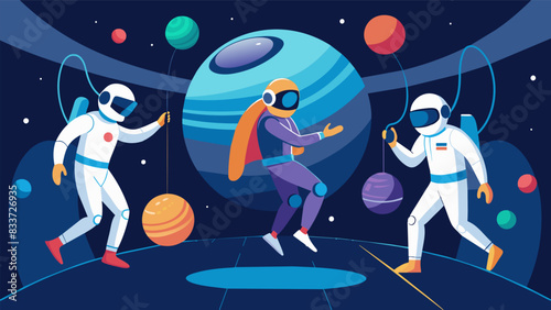 In a VR gravity chamber astronauts train their bodies to adjust to the gravitational effects of different planets simulating the intense physical. Vector illustration