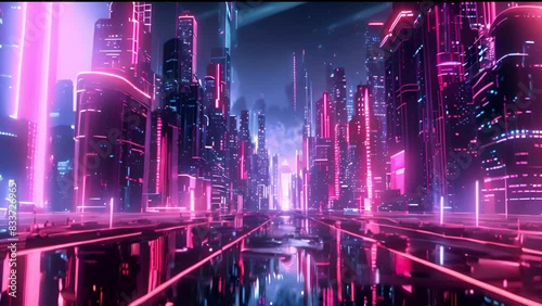 A cityscape with neon lights and a pink sky. The city is filled with tall buildings and a river runs through it. Scene is futuristic and vibrant.