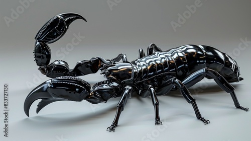 A sleek black scorpion, its shiny exoskeleton glistening against a transparent backdrop, rendered with incredible realism