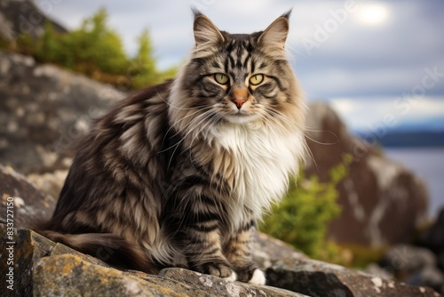 Portrait of a funny norwegian forest cat while standing against rocky cliff background