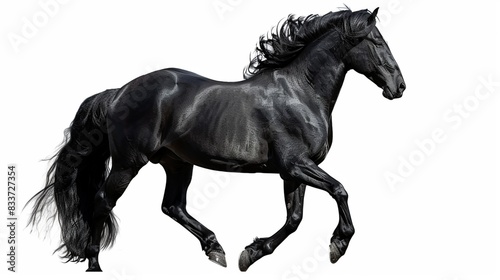 A sleek black stallion  its powerful form standing out against a transparent background  photographed with unparalleled clarity.