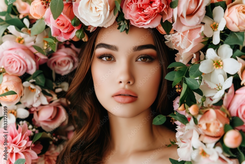 Portrait of a young Asian woman surrounded by colorful flowers Portrait of a young Asian woman surrounded by colorful flowers