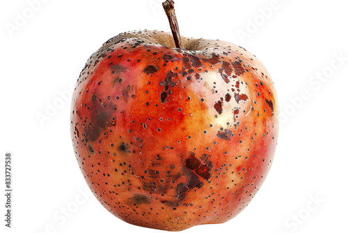 Close-up of a decayed apple with rot and blemishes, showing natural imperfection and decomposition over time.
