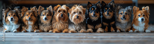 A group of dogs of different breeds are sitting in a row, looking at the camera. The dogs are all different colors and sizes, but they are all very cute.