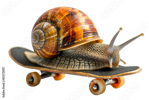 Snail on a skateboard, showing a surreal and humorous concept of a slow creature engaging in a fast sport.