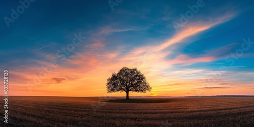 Fototapeta Naklejka Na Ścianę i Meble -  A tree stands in a field with a beautiful sunset in the background