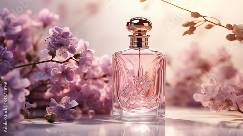 Luxurious women's perfume bottle 3D rendering elegant design with pink tones.