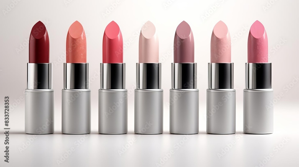 Obraz premium A set of feminine lipsticks in various colors in sleek packaging, placed on a clean white surface with a soft sheen.