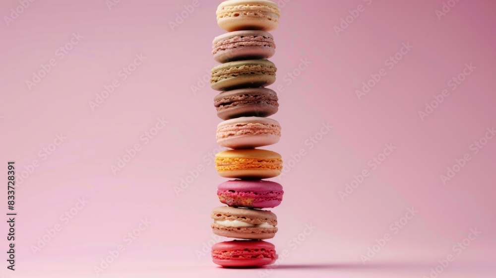 Tower of colorful macarons on a soft pink background Tower of colorful macarons on a soft pink background