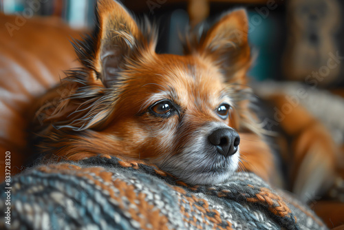 A closeup of a small, brown dog with long fur resting on a colorful blanket © Amonthep