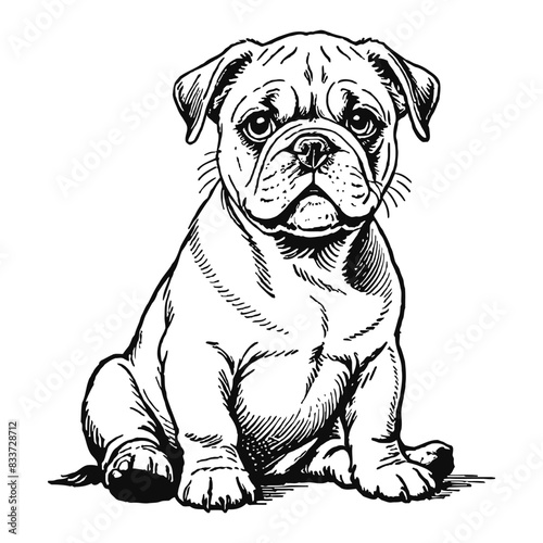 Bulldog Dog Puppy Hand Drawn Engraved Ink Line Art Sketch Illustration