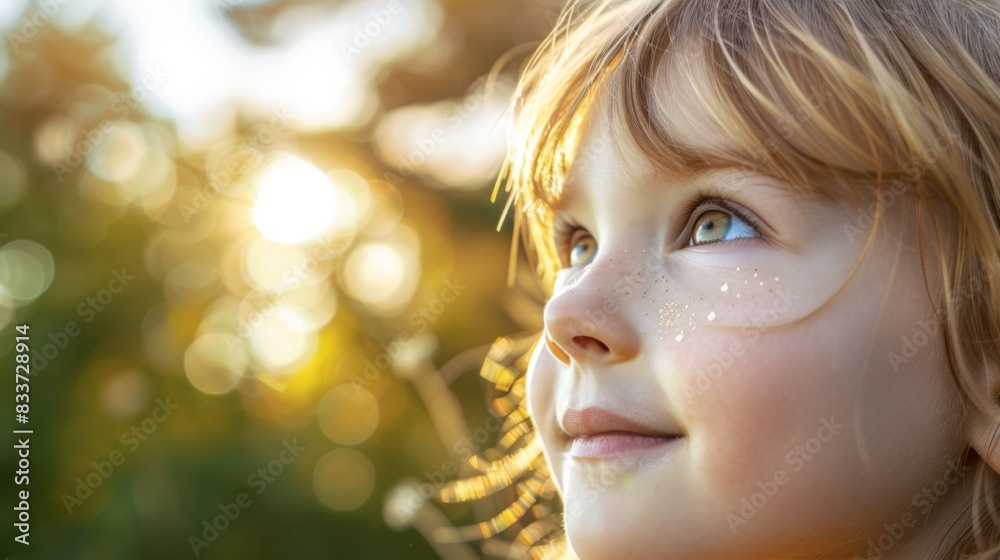 Fototapeta premium Closeup of young white Caucasian girl with sunlight and glitter on her face