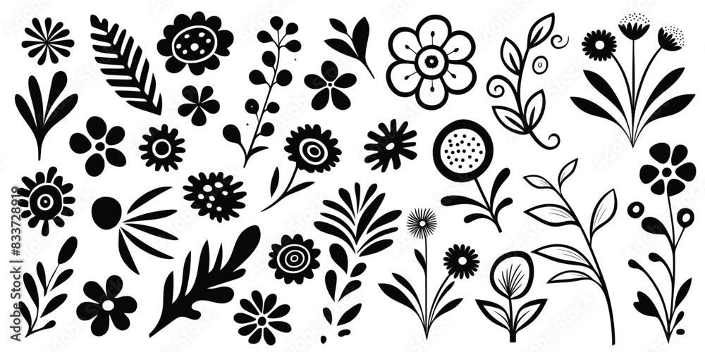 Hand drawn plant elements, flowers and leaves, vector design Hand drawn plant elements, flowers and leaves, vector design