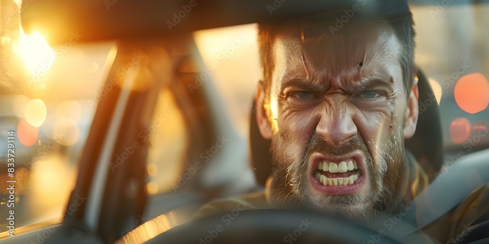 Frustrated driver in traffic shows road rage reflecting urban commuting challenges. Concept Urban Commuting, Road Rage, Traffic Frustration, Driver's Struggle, Urban Challenges