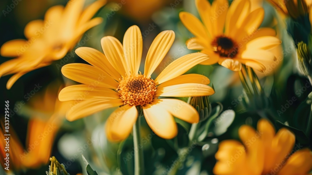 Close up macro photography of yellow oxeye flowers in a garden on a sunny summer day Close up macro photography of yellow oxeye flowers in a garden on a sunny summer day