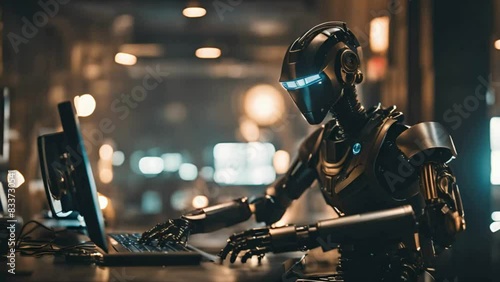 A Robotic Figure Engages with a Computer Terminal in a Dystopian Future
