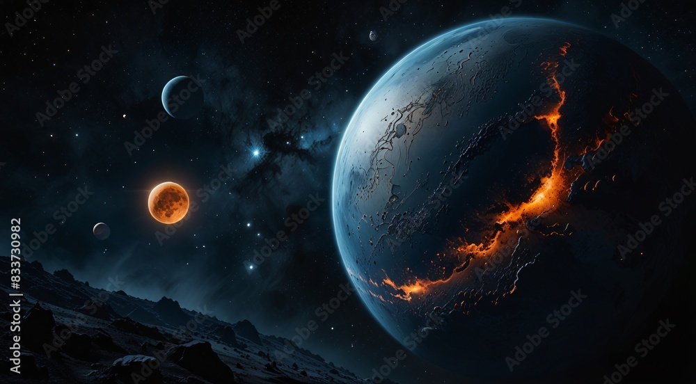  captivating view of a celestial landscape, where dark blue and black