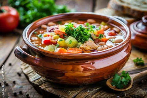 Hearty Vegetable Stew with Beans and Fresh Herbs in Ceramic Bowl