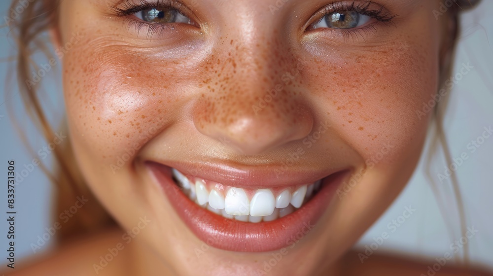 Close-up portrait of a smiling woman with freckles and bright white teeth, capturing the natural beauty of a genuine smile.
