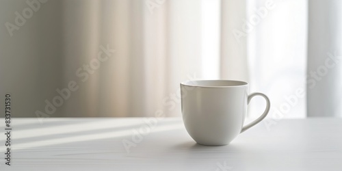 A white coffee cup sits on a table in front of a window