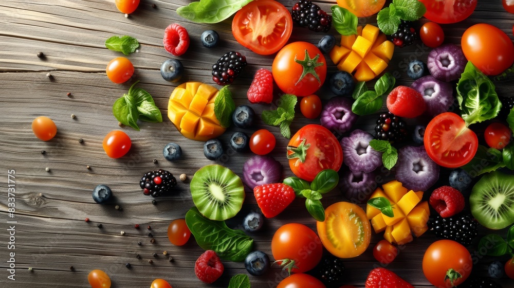 Fresh and Vibrant Fruits and Vegetables on a Rustic Wooden Background Fresh and Vibrant Fruits and Vegetables on a Rustic Wooden Background