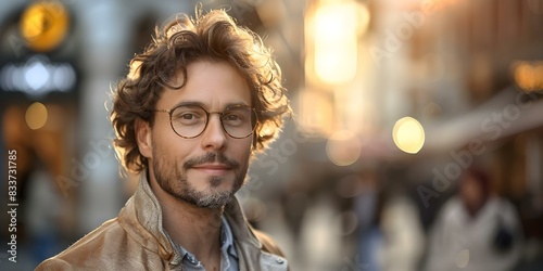 A Confident Man with Curly Hair and Glasses Charms on a Busy Street. Concept Street Fashion, Curly Hair, Eyewear, Chic Style, Urban Lifestyle © Ян Заболотний