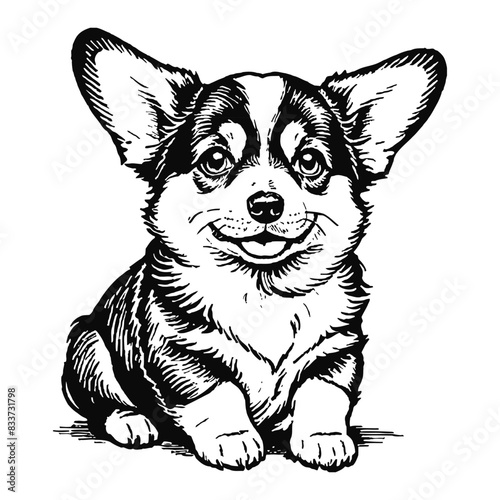 Corgi Dog Puppy Hand Drawn Engraved Ink Line Art Sketch Illustration