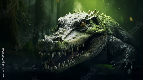 A fierce-looking crocodile emerging from a swamp  its teeth bared and eyes glowing with predatory intent.