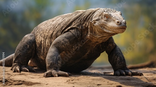 A graceful komodo dragon basking in the sun, its massive body casting an imposing shadow.