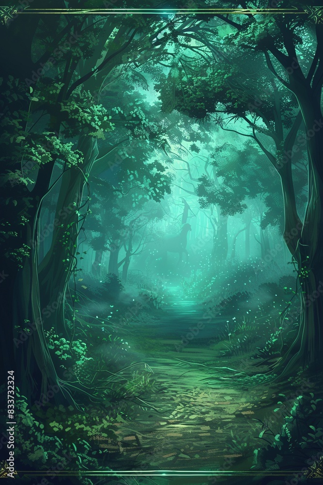 A mythical world in shades of blue and green serves as the backdrop for a cartoon-style fantasy RPG card with a dark, intricately detailed frame. A mythical world in shades of blue and green serves as the backdrop for a cartoon-style fantasy RPG card with a dark, intricately detailed frame.