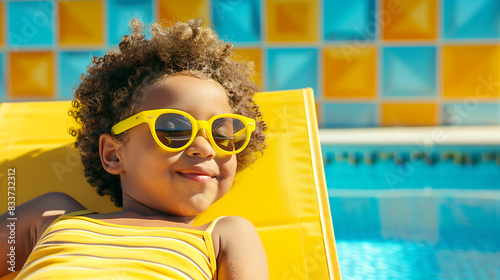 Enfant souriant portant des lunettes de soleil jaunes, allongé sur une chaise longue jaune au bord d'une piscine photo