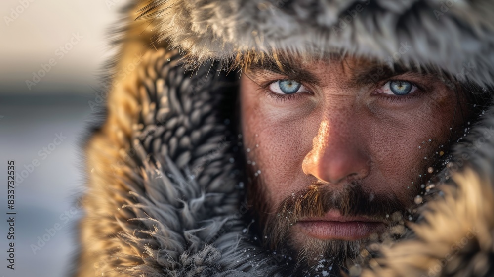 Close Up Portrait of a Man in a Fur Hood with Blue Eyes Looking Intensely into the Camera Close Up Portrait of a Man in a Fur Hood with Blue Eyes Looking Intensely into the Camera