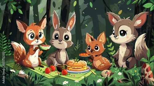 Adorable woodland creatures enjoying a picnic in a lush forest setting, featuring foxes, rabbits, and other animals.