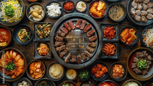 Delicious Korean BBQ spread with various side dishes and meats, ready for grilling on a tabletop stove, captured from above.