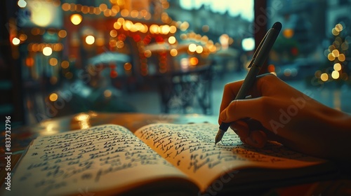 Close-Up of a Handwriting in a Journal: Illustrate a close-up of a hand writing in a journal, with a soft focus background of a cozy setting.