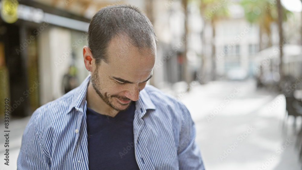 A smiling bald man with a beard in a striped shirt stands on a sunny city street, portraying a relaxed urban environment. A smiling bald man with a beard in a striped shirt stands on a sunny city street, portraying a relaxed urban environment.