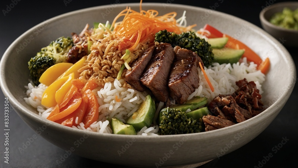 Bibimbap - Mixed rice with vegetables and meat Bibimbap - Mixed rice with vegetables and meat